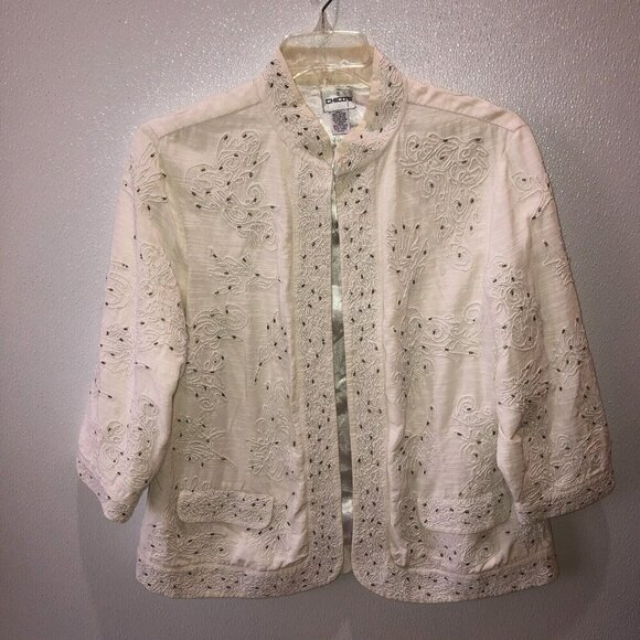 Chicos Womens Size 3 XL Ivory White Embroidered Beaded 3/4 Sleeve Blazer Jacket - Picture 3 of 10